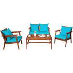 4 PCS Rattan Patio Chat Set Acacia Wood Coffee Table Chair Set with Seat Back Cushions