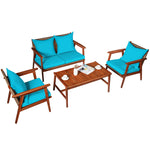 4 PCS Rattan Patio Chat Set Acacia Wood Coffee Table Chair Set with Seat Back Cushions