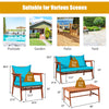 4 PCS Rattan Patio Chat Set Acacia Wood Coffee Table Chair Set with Seat Back Cushions