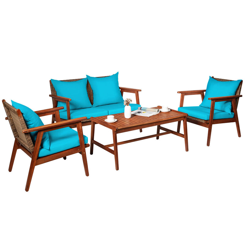 4 PCS Rattan Patio Chat Set Acacia Wood Coffee Table Chair Set with Seat Back Cushions