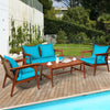 4 PCS Rattan Patio Chat Set Acacia Wood Coffee Table Chair Set with Seat Back Cushions