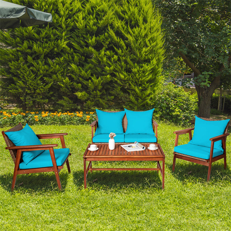 4 PCS Rattan Patio Chat Set Acacia Wood Coffee Table Chair Set with Seat Back Cushions