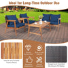 4 PCS Rattan Patio Chat Set Acacia Wood Coffee Table Chair Set with Seat Back Cushions