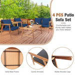 4 PCS Rattan Patio Chat Set Acacia Wood Coffee Table Chair Set with Seat Back Cushions