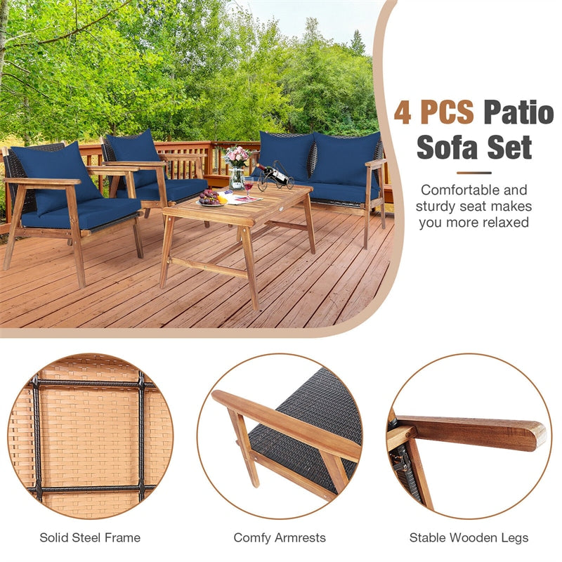 4 PCS Rattan Patio Chat Set Acacia Wood Coffee Table Chair Set with Seat Back Cushions