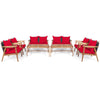 4 PCS Rattan Patio Chat Set Acacia Wood Coffee Table Chair Set with Seat Back Cushions