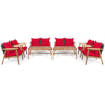 4 PCS Rattan Patio Chat Set Acacia Wood Coffee Table Chair Set with Seat Back Cushions