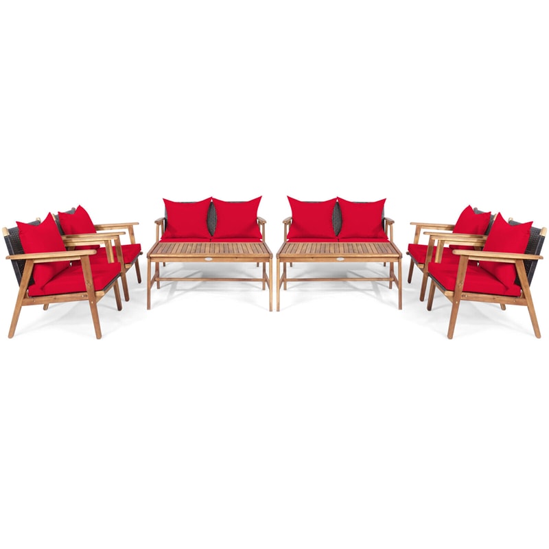 4 PCS Rattan Patio Chat Set Acacia Wood Coffee Table Chair Set with Seat Back Cushions