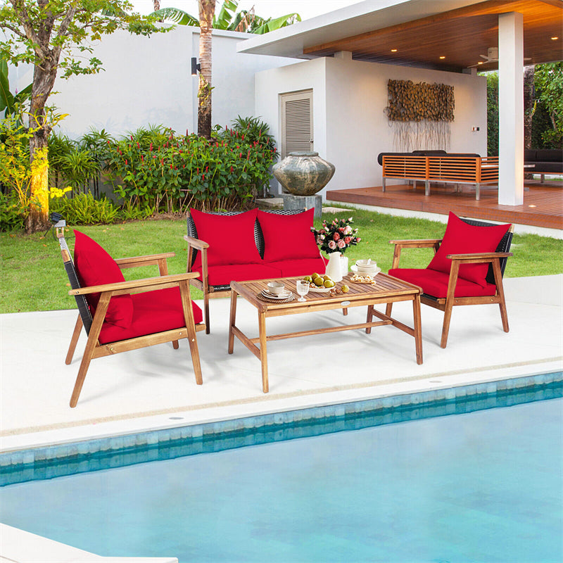 4 PCS Rattan Patio Chat Set Acacia Wood Coffee Table Chair Set with Seat Back Cushions