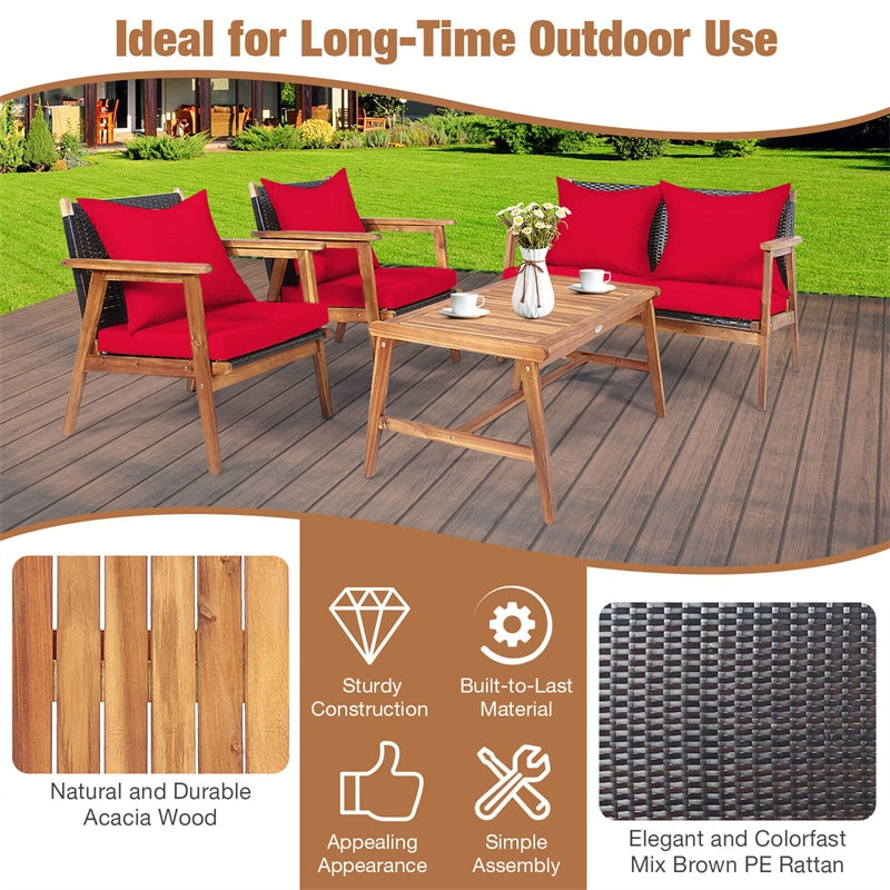 4 PCS Rattan Patio Chat Set Acacia Wood Coffee Table Chair Set with Seat Back Cushions