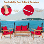 4 PCS Rattan Patio Chat Set Acacia Wood Coffee Table Chair Set with Seat Back Cushions