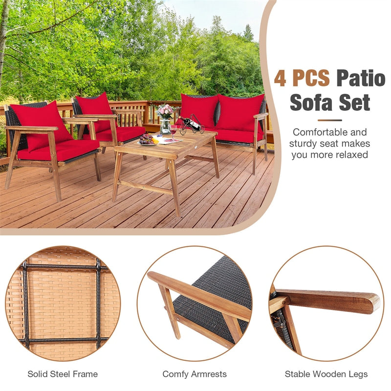 4 PCS Rattan Patio Chat Set Acacia Wood Coffee Table Chair Set with Seat Back Cushions