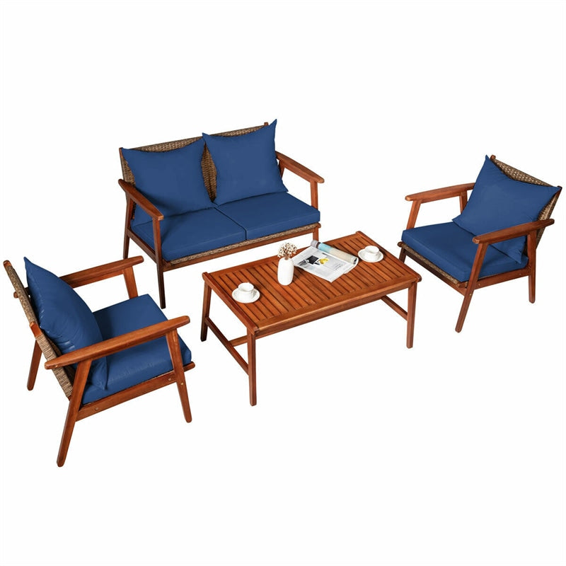 4 PCS Rattan Patio Chat Set Acacia Wood Coffee Table Chair Set with Seat Back Cushions