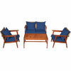 4 PCS Rattan Patio Chat Set Acacia Wood Coffee Table Chair Set with Seat Back Cushions