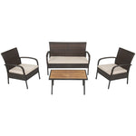 4PCS Patio Rattan Furniture Set Outdoor Conversation Set with Acacia Wood Coffee Table & Cushions