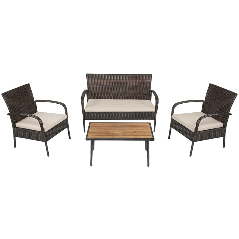 4PCS Patio Rattan Furniture Set Outdoor Conversation Set with Acacia Wood Coffee Table & Cushions