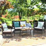 4PCS Patio Rattan Furniture Set Outdoor Conversation Set with Acacia Wood Coffee Table & Cushions