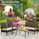 4PCS Patio Rattan Furniture Set Outdoor Conversation Set with Acacia Wood Coffee Table & Cushions