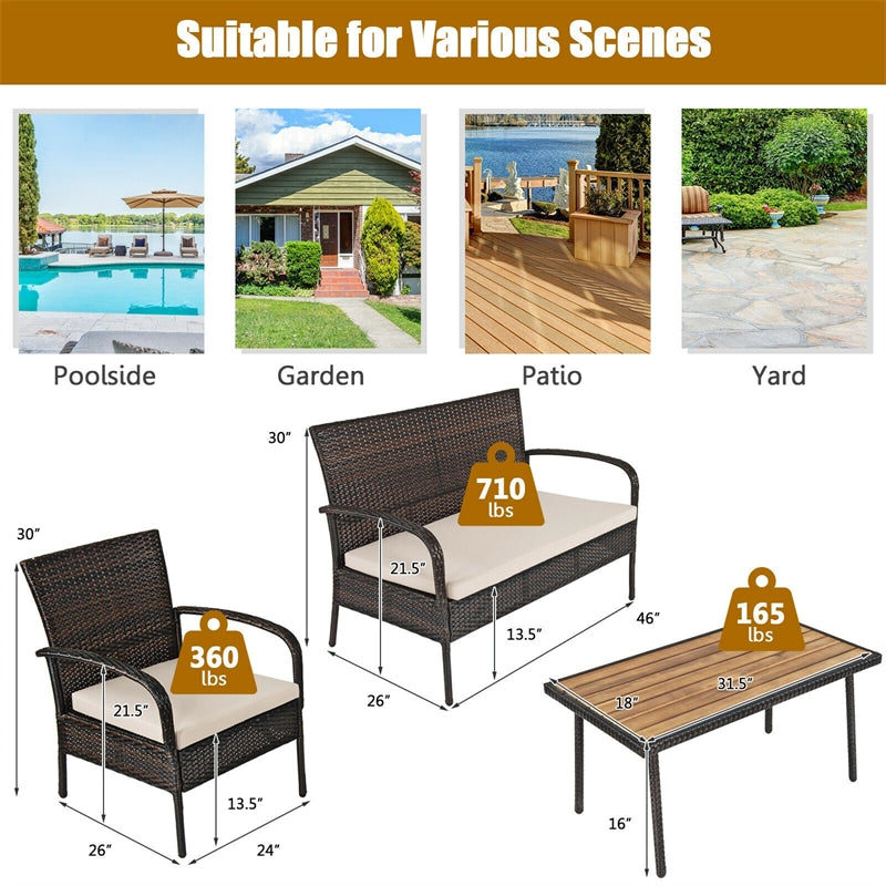 4PCS Patio Rattan Furniture Set Outdoor Conversation Set with Acacia Wood Coffee Table & Cushions