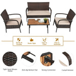 4PCS Patio Rattan Furniture Set Outdoor Conversation Set with Acacia Wood Coffee Table & Cushions