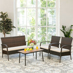 4PCS Patio Rattan Furniture Set Outdoor Conversation Set with Acacia Wood Coffee Table & Cushions