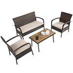 4PCS Patio Rattan Furniture Set Outdoor Conversation Set with Acacia Wood Coffee Table & Cushions