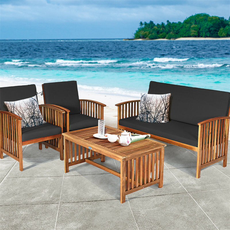 4PCS Outdoor Acacia Wood Sofa Set with Coffee Table, Seat & Back Cushions, Wood Patio Conversation Set Lounge Furniture for Garden Poolside