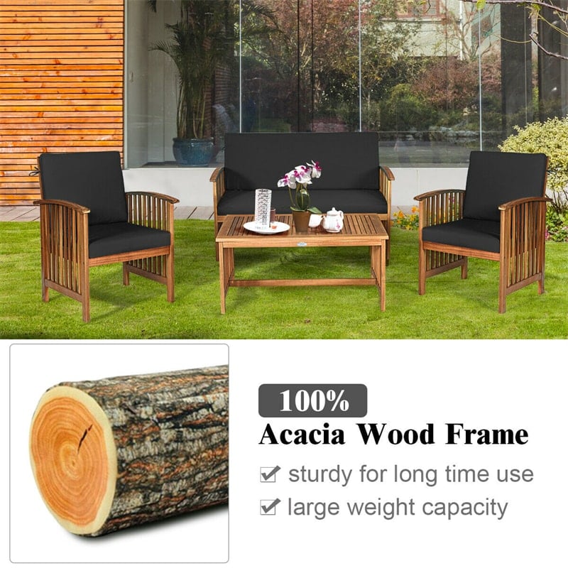 4PCS Outdoor Acacia Wood Sofa Set with Coffee Table, Seat & Back Cushions, Wood Patio Conversation Set Lounge Furniture for Garden Poolside