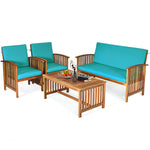 4PCS Outdoor Acacia Wood Sofa Set with Coffee Table, Seat & Back Cushions, Wood Patio Conversation Set Lounge Furniture for Garden Poolside