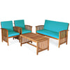 4PCS Outdoor Acacia Wood Sofa Set with Coffee Table, Seat & Back Cushions, Wood Patio Conversation Set Lounge Furniture for Garden Poolside