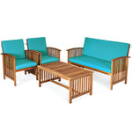 4PCS Outdoor Acacia Wood Sofa Set with Coffee Table, Seat & Back Cushions, Wood Patio Conversation Set Lounge Furniture for Garden Poolside