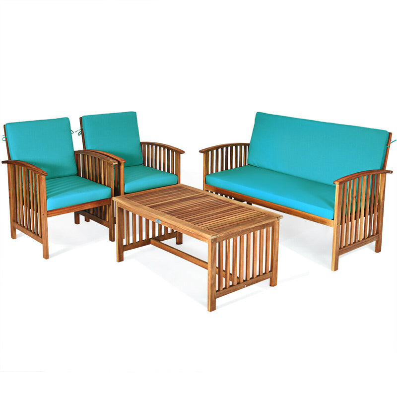 4PCS Outdoor Acacia Wood Sofa Set with Coffee Table, Seat & Back Cushions, Wood Patio Conversation Set Lounge Furniture for Garden Poolside