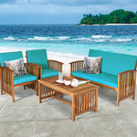 4PCS Outdoor Acacia Wood Sofa Set with Coffee Table, Seat & Back Cushions, Wood Patio Conversation Set Lounge Furniture for Garden Poolside