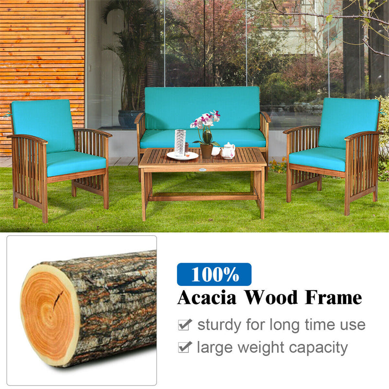 4PCS Outdoor Acacia Wood Sofa Set with Coffee Table, Seat & Back Cushions, Wood Patio Conversation Set Lounge Furniture for Garden Poolside