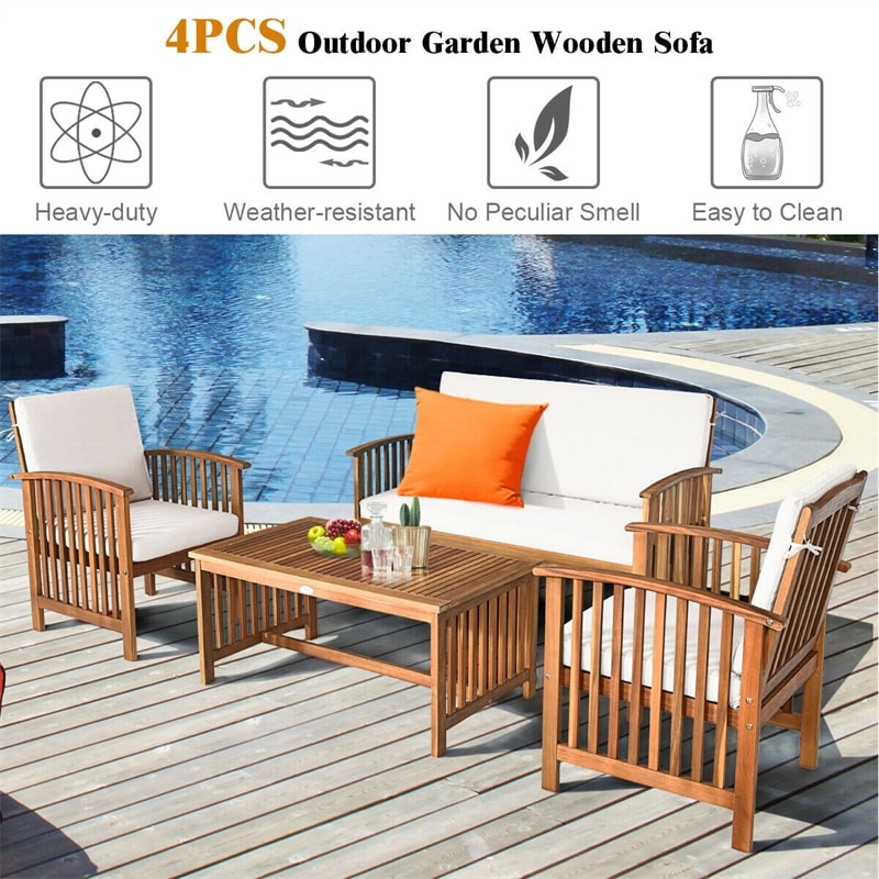 4PCS Outdoor Acacia Wood Sofa Set with Coffee Table, Seat & Back Cushions, Wood Patio Conversation Set Lounge Furniture for Garden Poolside