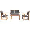 4PCS Patio Rattan Furniture Set Acacia Wood Frame with Coffee Table, Wicker Bench & Chairs, Outdoor Conversation Set for Garden Yard Poolside