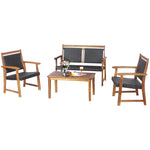 4PCS Patio Rattan Furniture Set Acacia Wood Frame with Coffee Table, Wicker Bench & Chairs, Outdoor Conversation Set for Garden Yard Poolside