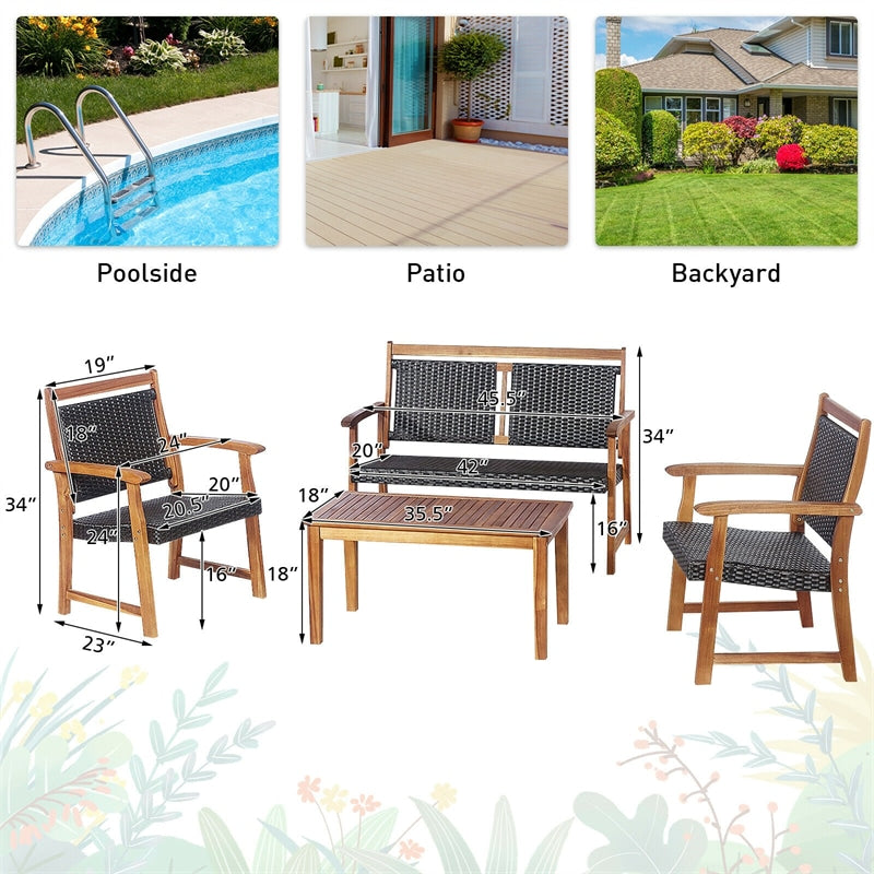 4PCS Patio Rattan Furniture Set Acacia Wood Frame with Coffee Table, Wicker Bench & Chairs, Outdoor Conversation Set for Garden Yard Poolside