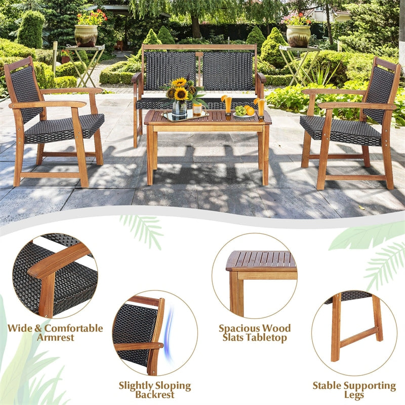 4PCS Patio Rattan Furniture Set Acacia Wood Frame with Coffee Table, Wicker Bench & Chairs, Outdoor Conversation Set for Garden Yard Poolside