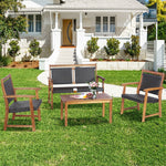 4PCS Patio Rattan Furniture Set Acacia Wood Frame with Coffee Table, Wicker Bench & Chairs, Outdoor Conversation Set for Garden Yard Poolside