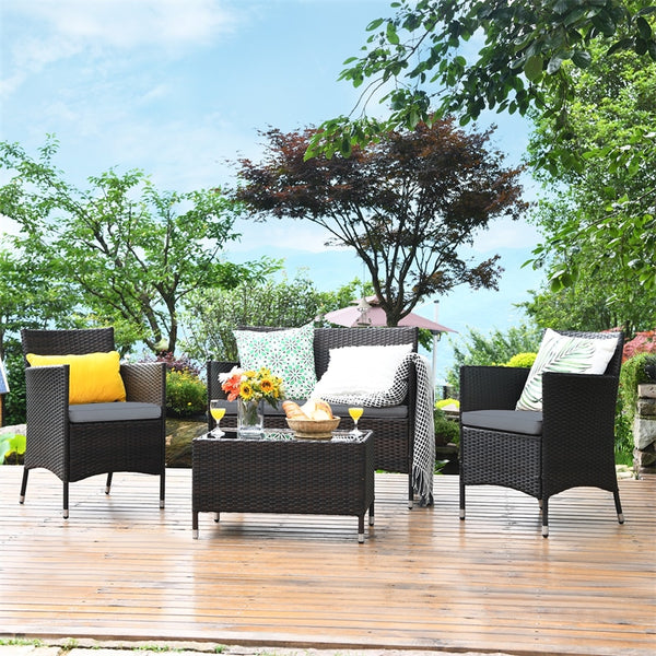 4PCS Patio Rattan Conversation Furniture Set with Cushions & Tempered Glass Coffee Table, Outdoor Rattan Sofa Set for Garden Lawn Poolside