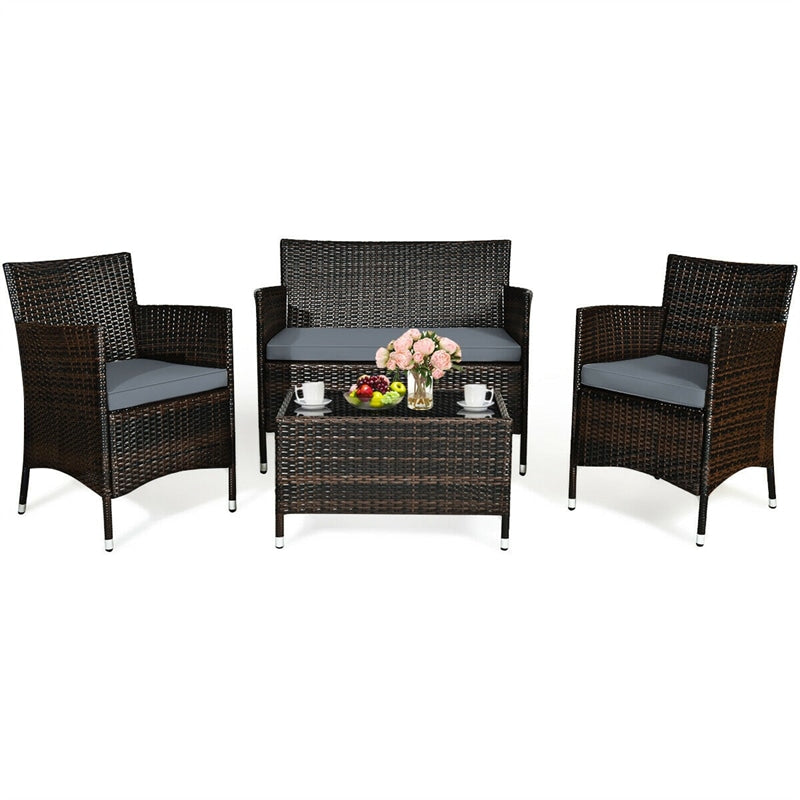 4 Pcs Rattan Patio Conversation Set Wicker Outdoor Furniture Set with Cushions & Coffee Table