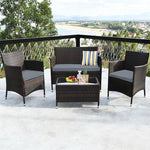 4PCS Patio Rattan Conversation Furniture Set with Cushions & Tempered Glass Coffee Table, Outdoor Rattan Sofa Set for Garden Lawn Poolside