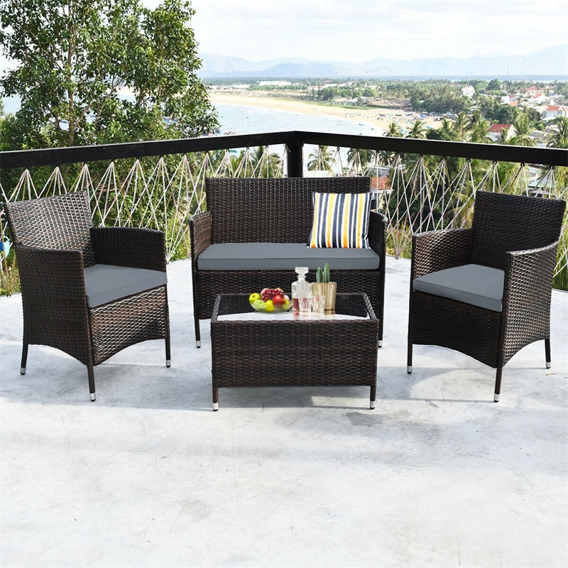 4 Pcs Rattan Patio Conversation Set Wicker Outdoor Furniture Set with Cushions & Coffee Table