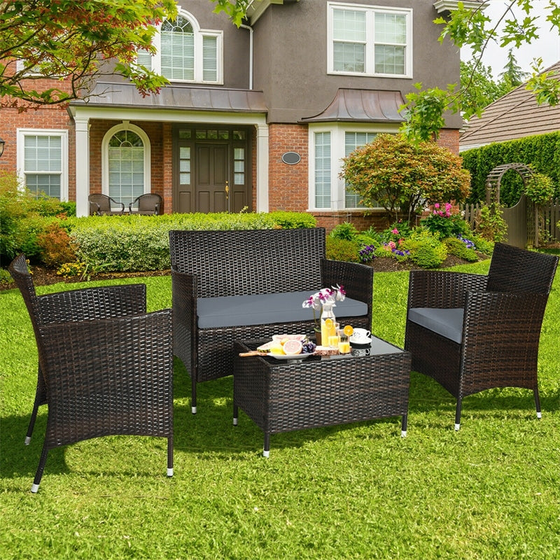 4PCS Patio Rattan Conversation Furniture Set with Cushions & Tempered Glass Coffee Table, Outdoor Rattan Sofa Set for Garden Lawn Poolside