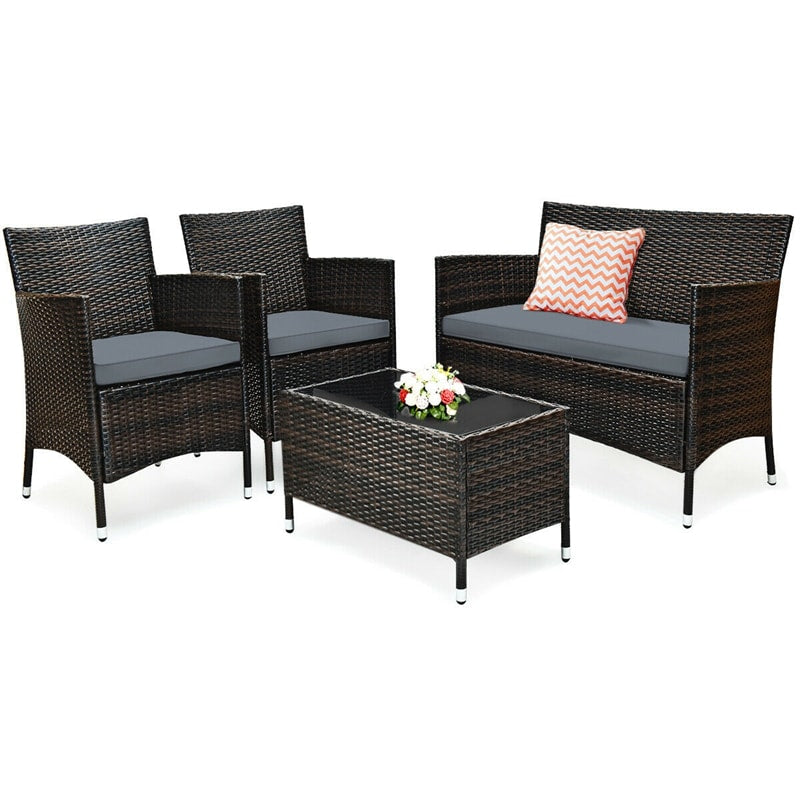 4PCS Patio Rattan Conversation Furniture Set with Cushions & Tempered Glass Coffee Table, Outdoor Rattan Sofa Set for Garden Lawn Poolside