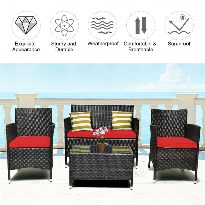 4PCS Patio Rattan Conversation Furniture Set with Cushions & Tempered Glass Coffee Table, Outdoor Rattan Sofa Set for Garden Lawn Poolside