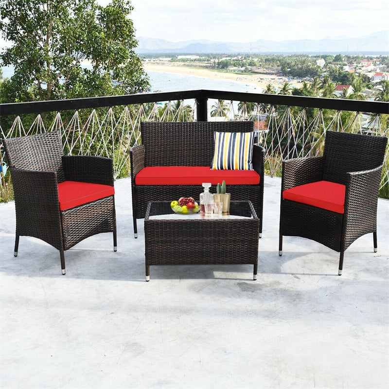 4PCS Patio Rattan Conversation Furniture Set with Cushions & Tempered Glass Coffee Table, Outdoor Rattan Sofa Set for Garden Lawn Poolside