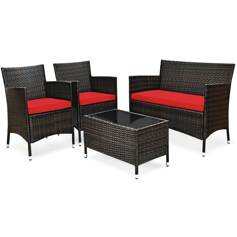 4PCS Patio Rattan Conversation Furniture Set with Cushions & Tempered Glass Coffee Table, Outdoor Rattan Sofa Set for Garden Lawn Poolside