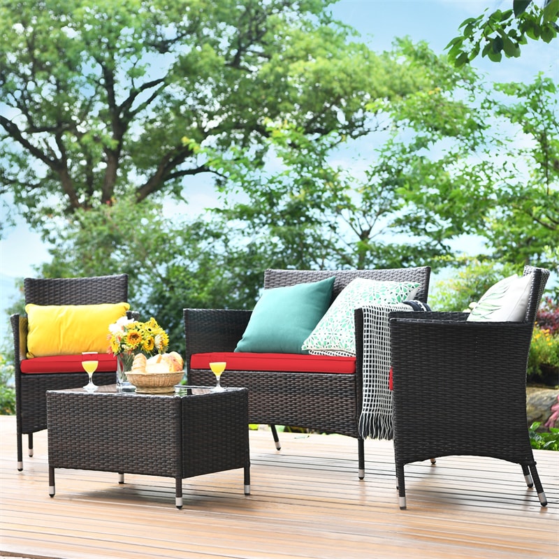 4PCS Patio Rattan Conversation Furniture Set with Cushions & Tempered Glass Coffee Table, Outdoor Rattan Sofa Set for Garden Lawn Poolside